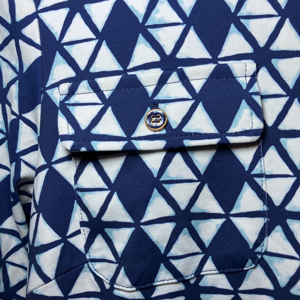 J.McLaughlin Shirt Dress Women S Navy White Geometric Triangle Roll Tab Sleeve - Picture 3 of 11
